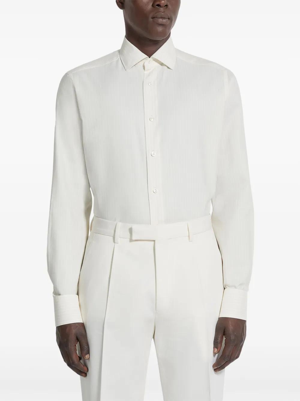 ZEGNA White And Light Beige Macro-striped Silk Cotton And Cashmere Shirt In White/light Beige Product Image