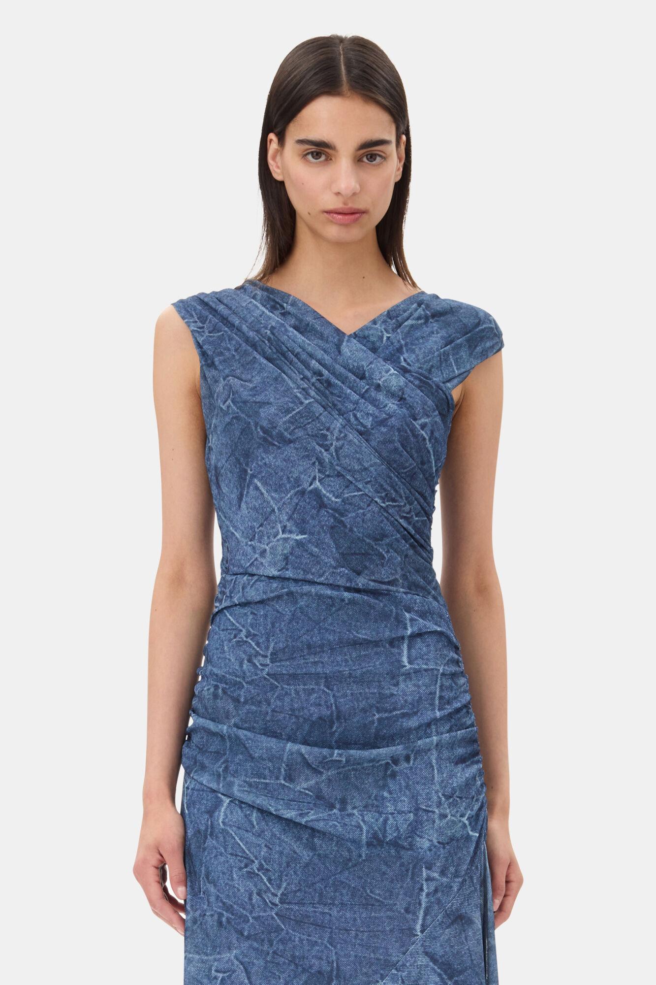 Blue Mesh Ruched Dress Product Image