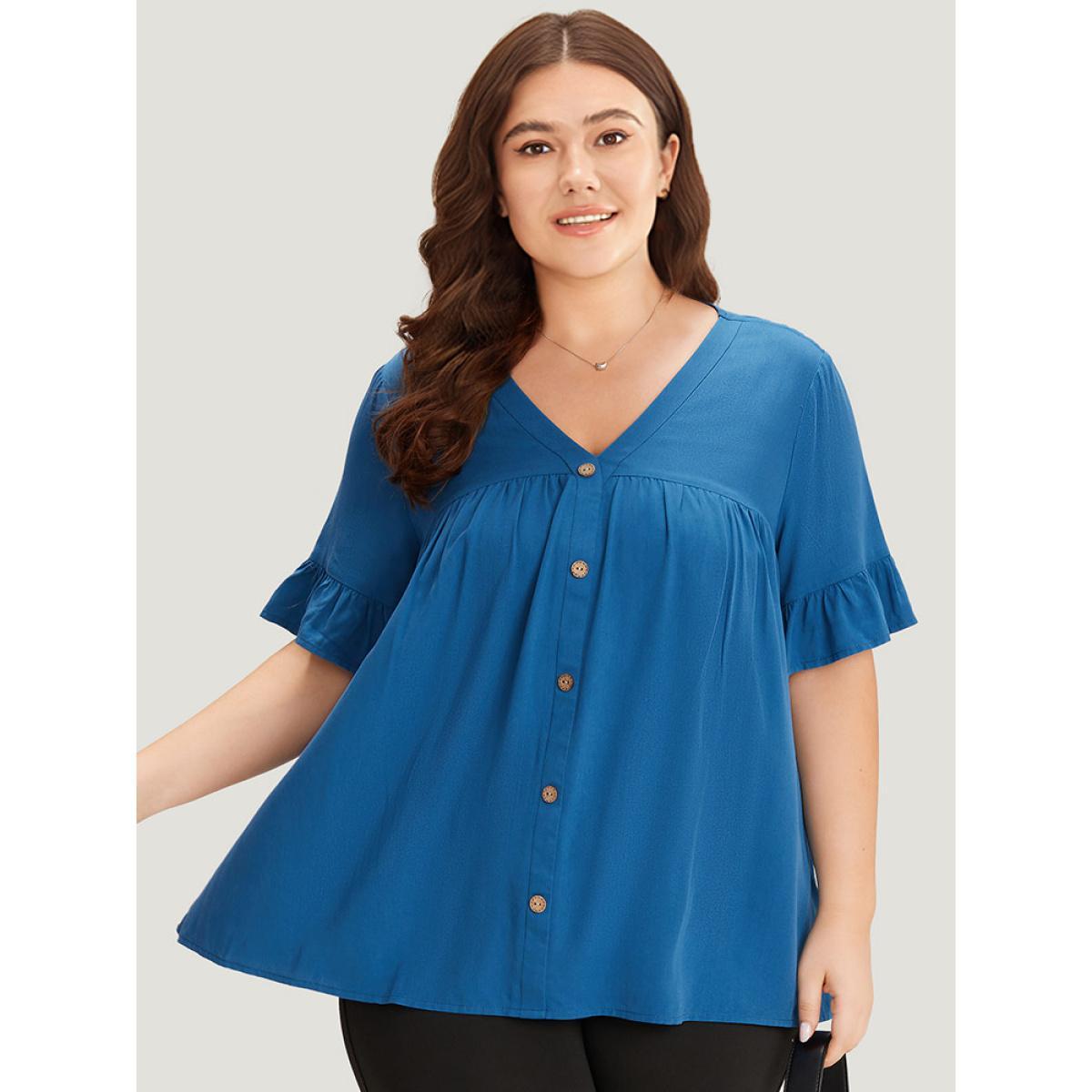 Plus Size Aegean Solid Flutter Trim Pleated Button Detail Blouse Women Office Short sleeve V-neck Work Blouses BloomChic 12/L Product Image