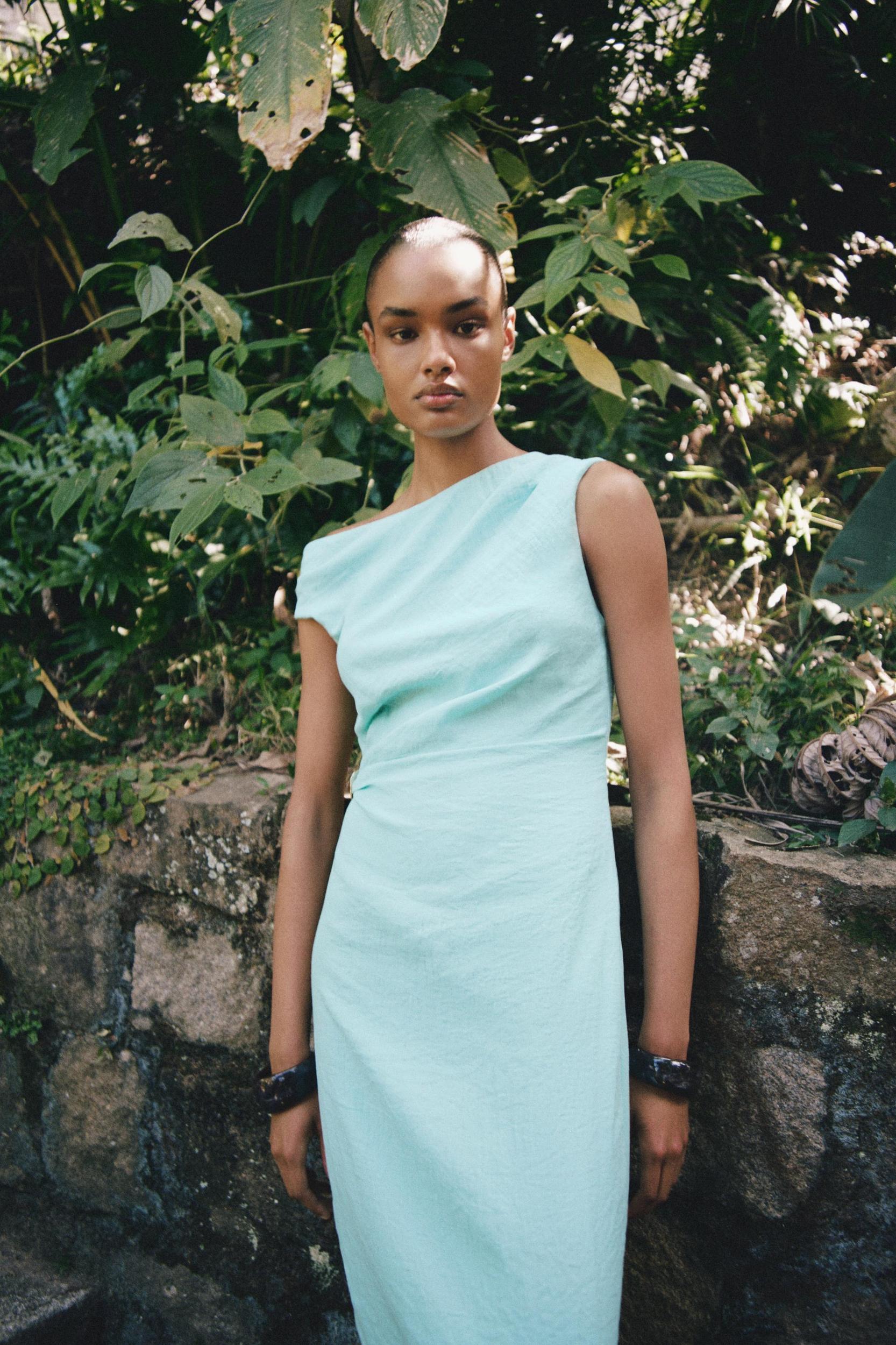 ASYMMETRIC LINEN MIDI DRESS WITH APPLIQUÉ Product Image