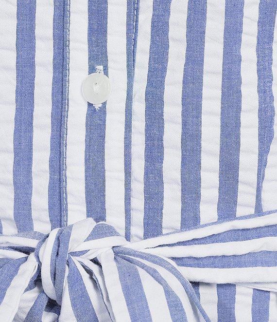 Tommy Bahama Frond Harbor Seersucker V-Neck Short Sleeve Flounce Shirtdress Product Image