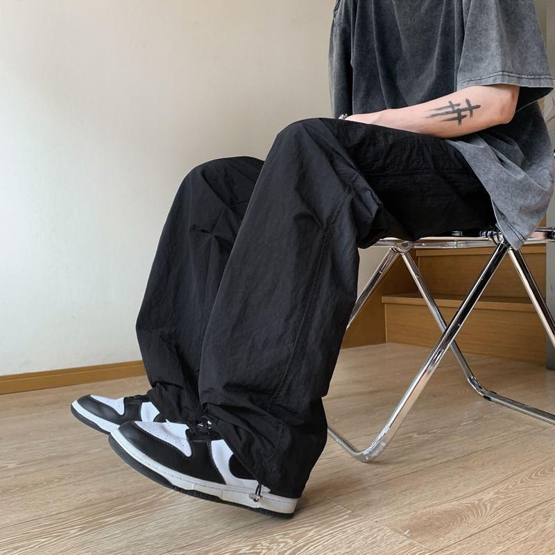 Drawstring Waist Plain Straight Leg Parachute Pants Product Image