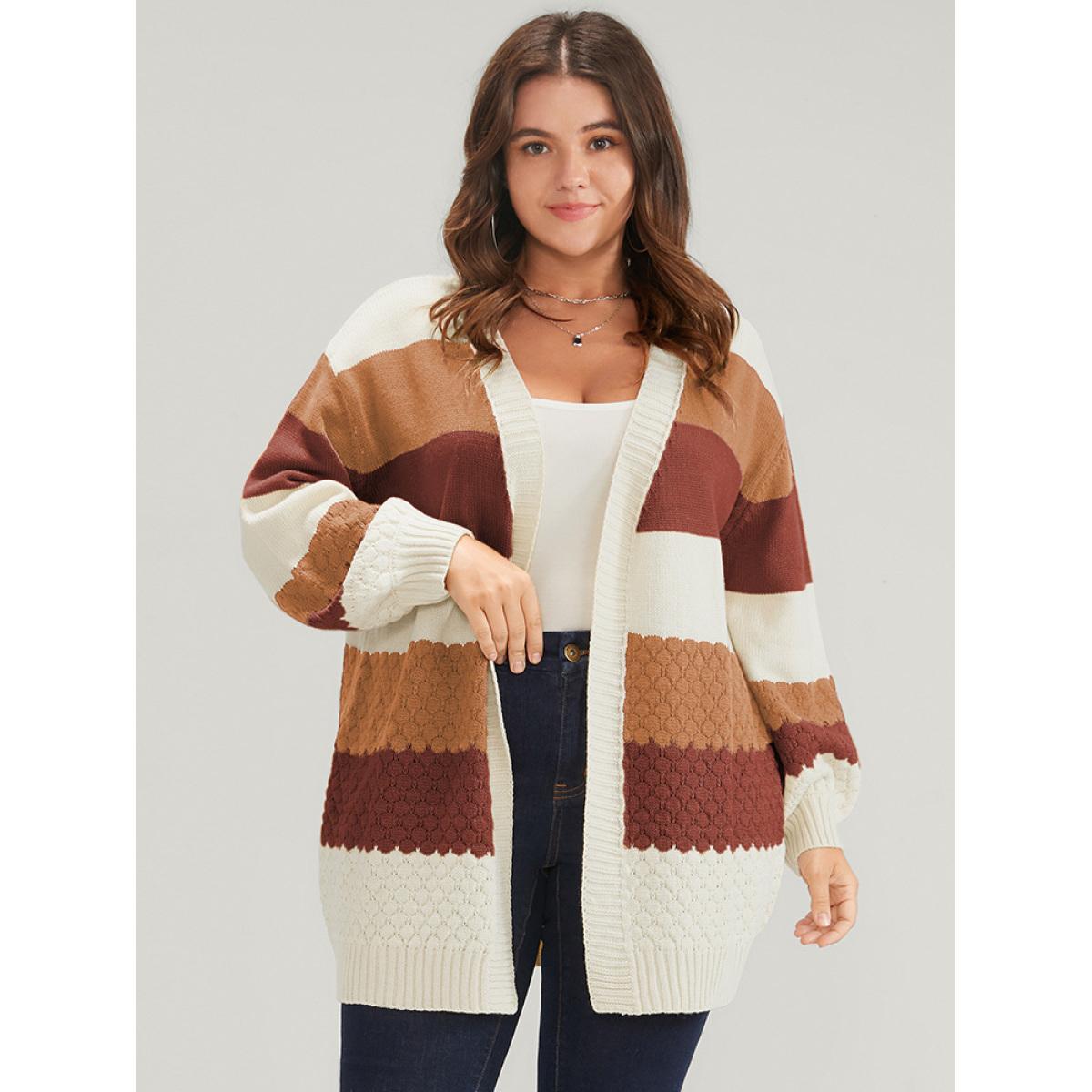 Plus Size Striped Colorblock Contrast Pointelle Knit Jacquard Open Front Cardigan Multicolor Women Casual Loose Long Sleeve Dailywear Cardigans BloomChic 10/M Product Image
