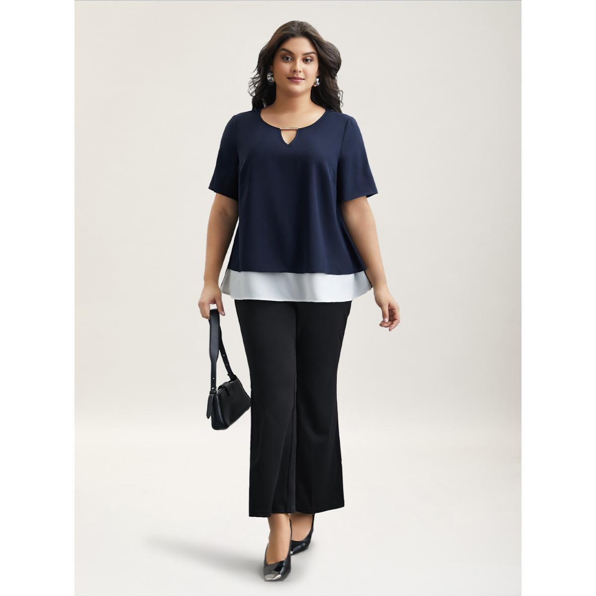 Plus Size Indigo Neck Cut-Out Color Contrast Shirt Women At the Office Short sleeve Round Neck Work Blouses BloomChic 28/5X Product Image