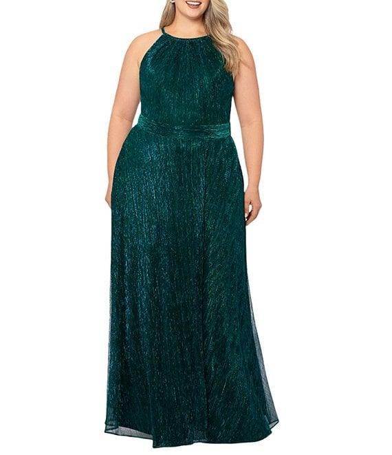 Betsy & Adam Plus Size Sleeveless Halter Neck Metallic Gown Product Image