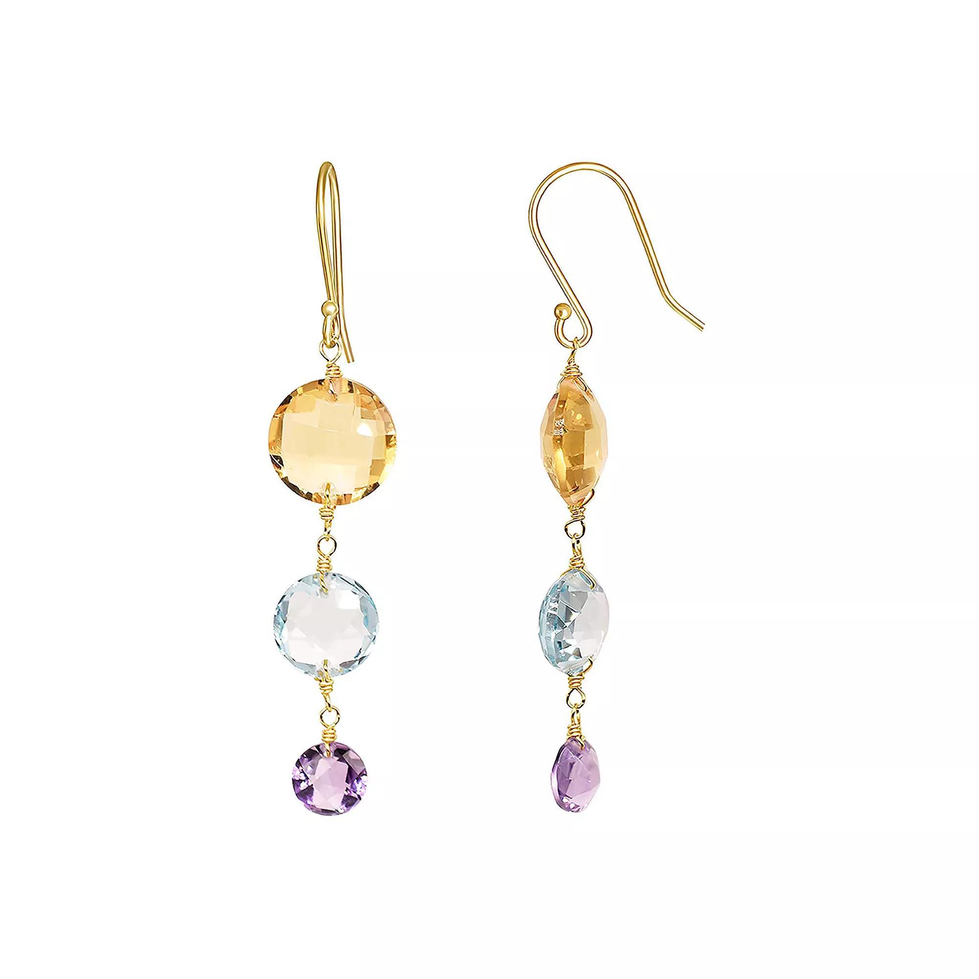 Jewelmak 14k Gold Citrine, Blue Topaz & Amethyst Triple Coin Drop Earrings, Women's Product Image