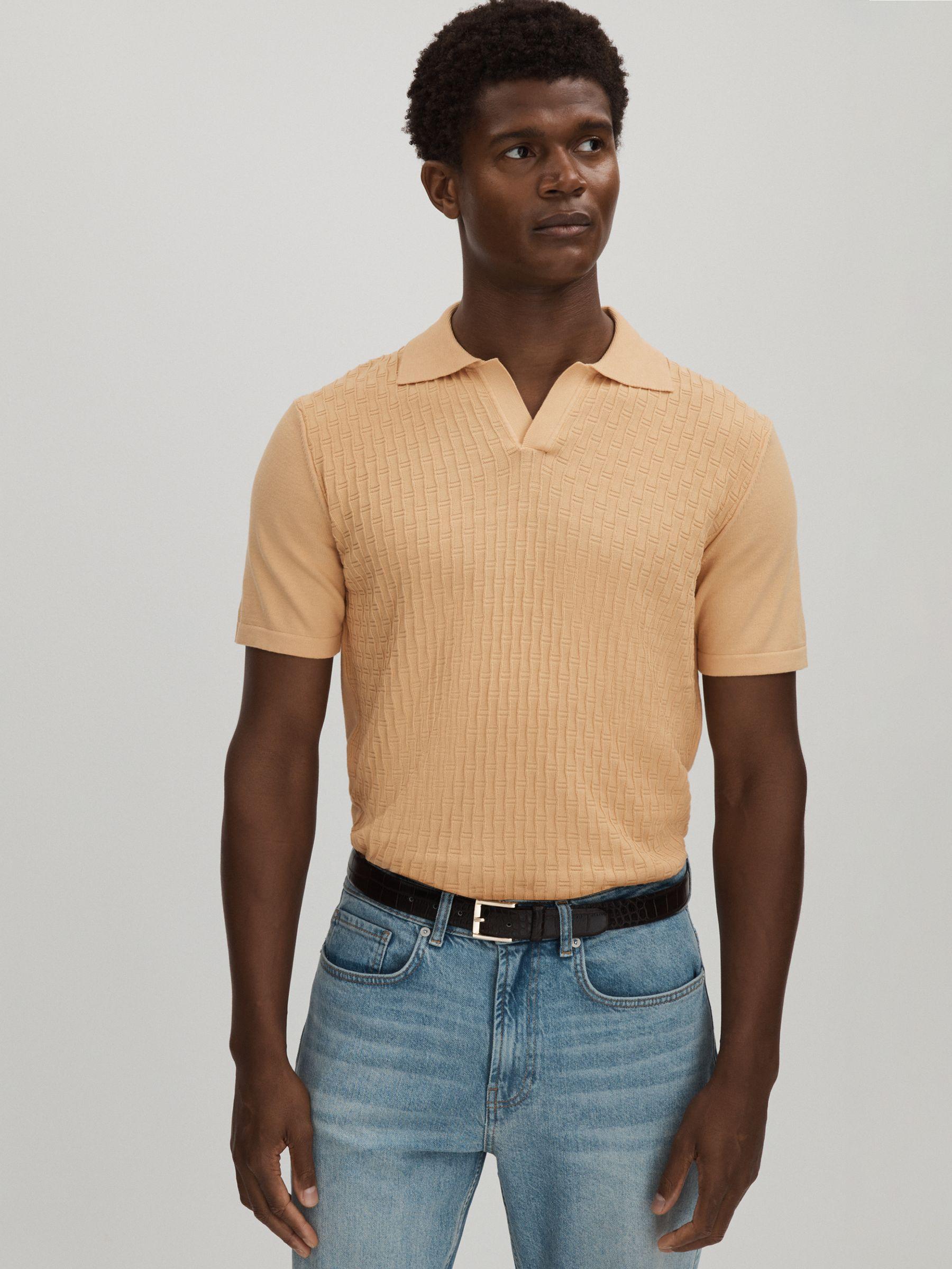 Oscar Jacobson Cotton Open-Collar Polo Shirt in Sand Product Image