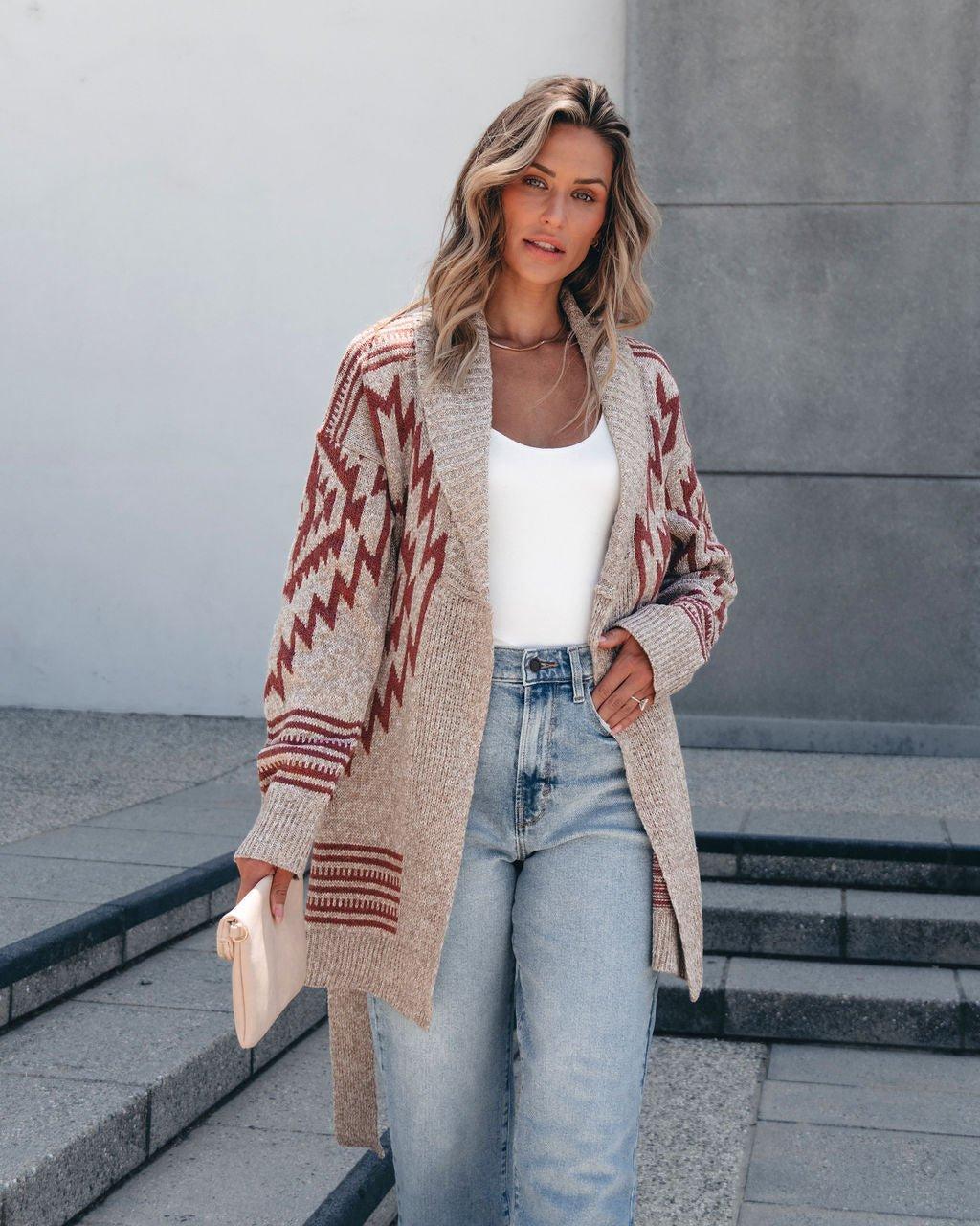 Taupe Aztec Belted Cardigan Female Product Image