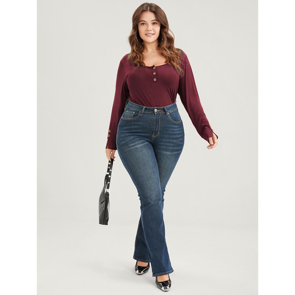 Plus Size Plain Button Front Scoop Neck Modal Long Tee Scarlet Women Elegant Button Plain Scoop Neck Bodycon Dailywear T-shirts BloomChic 28/5X Product Image