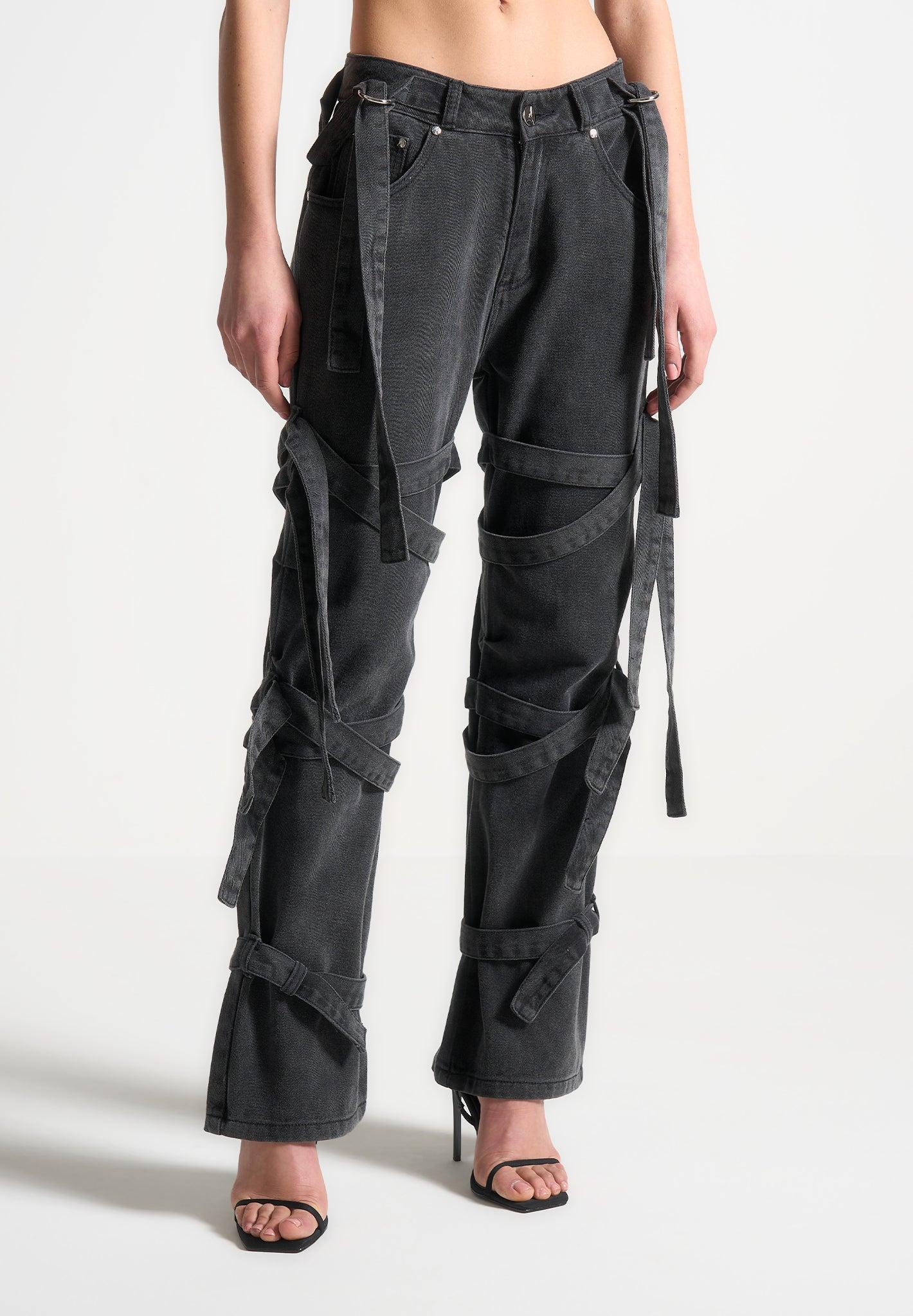 Denim Strap Cargo Jeans - Washed Black Female Product Image