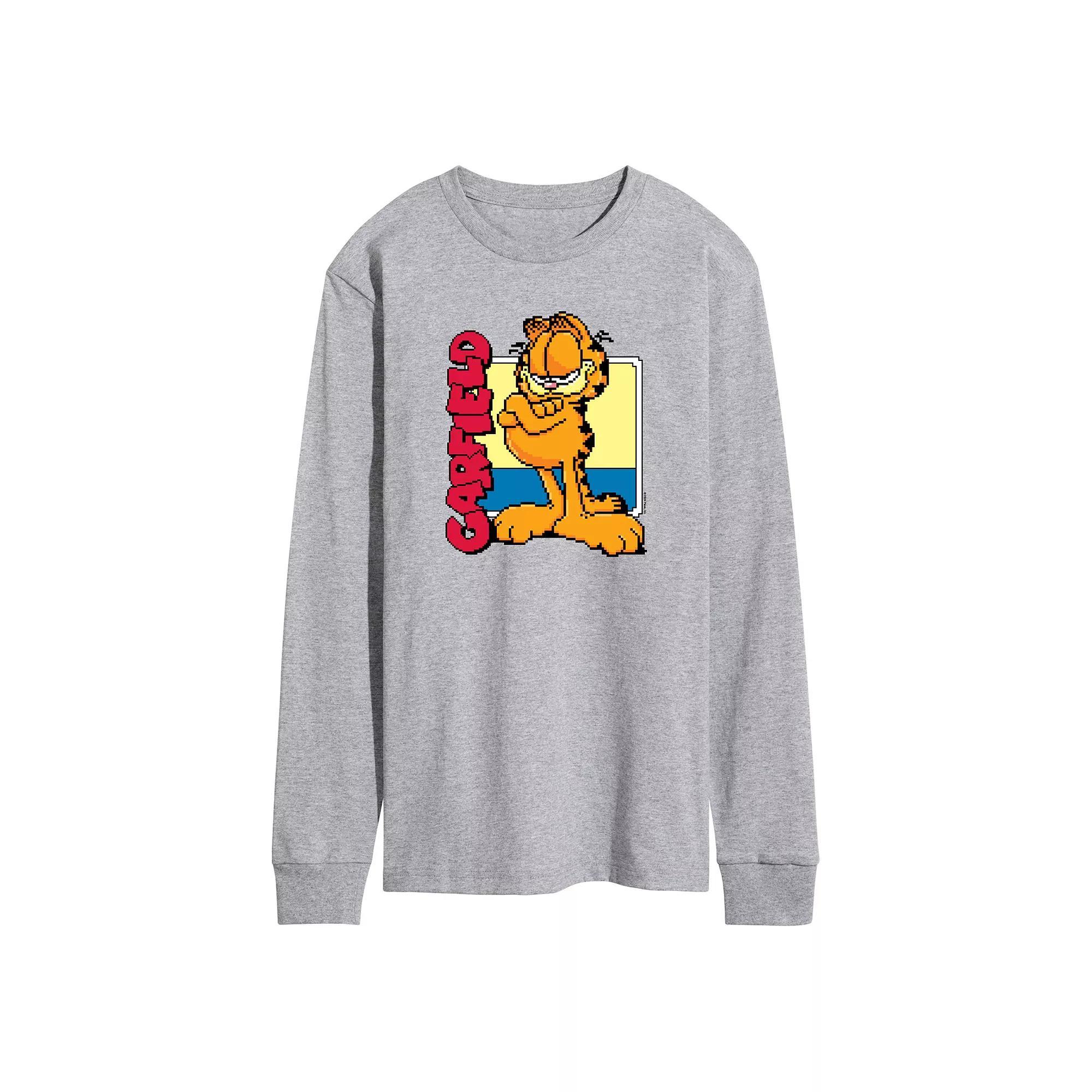 Mens Garfield Pixel Square Long Sleeve Graphic Tee Grey Gray Product Image