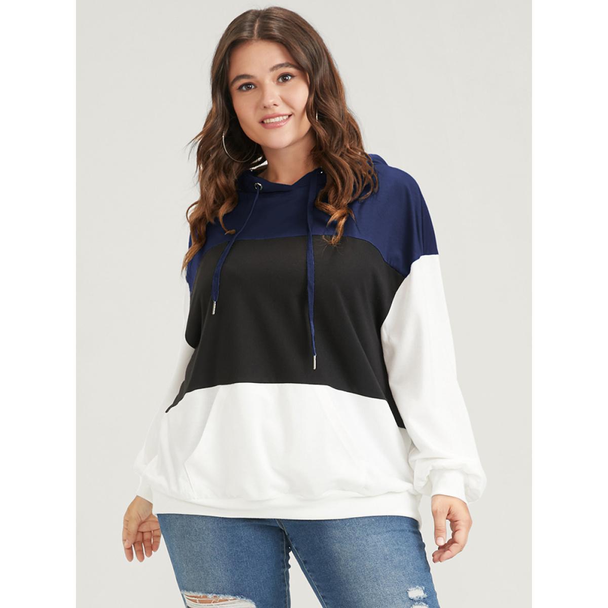 Plus Size Colorblock Contrast Drawstring Pocket Hooded Drop Shoulder Sweatshirt Women DarkBlue Casual Contrast Hooded Dailywear Sweatshirts BloomChic 18-20/2X Product Image