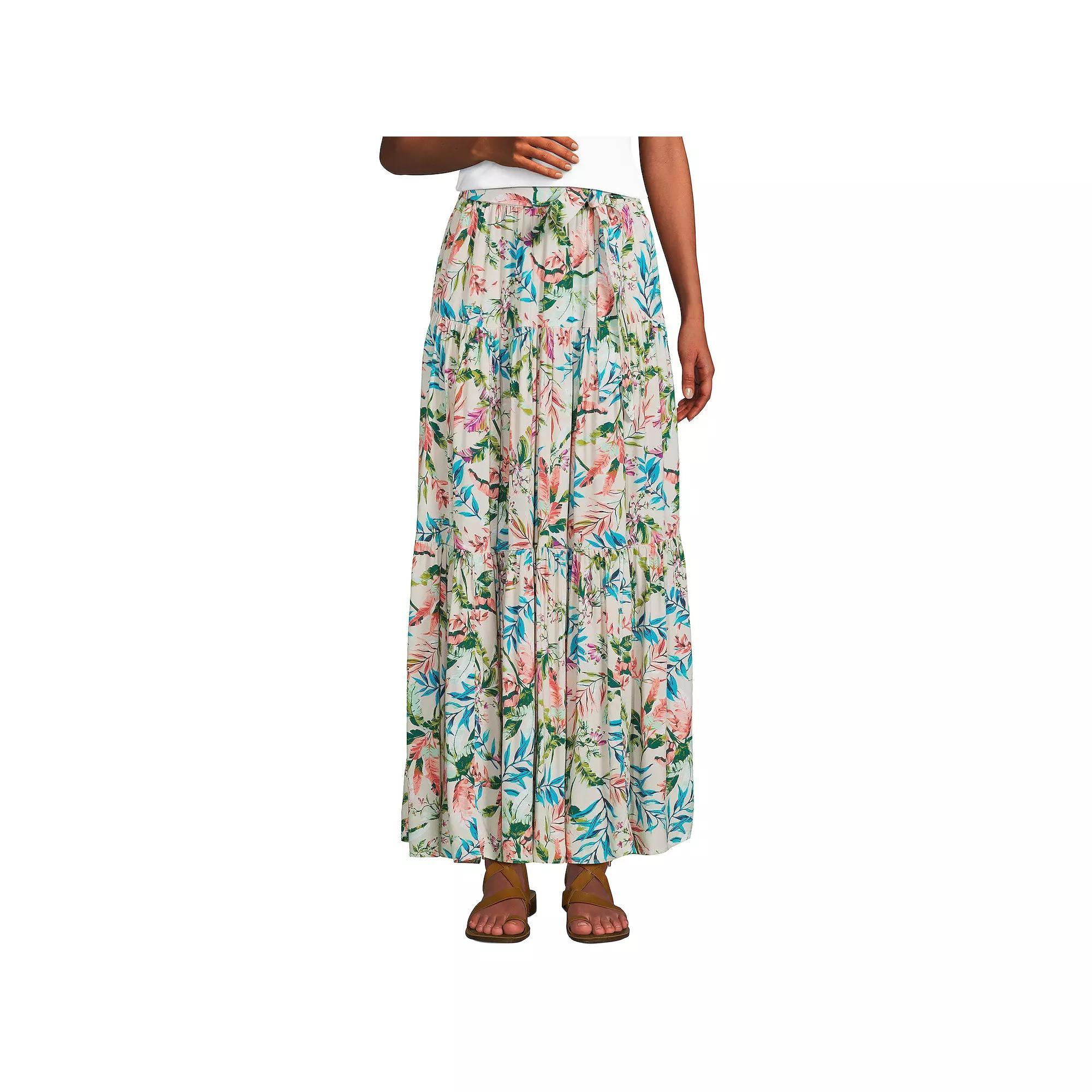 Women's Lands' End Printed Flowy Tiered Maxi Skirt, Size: Large, Alabaster Team Palm Product Image