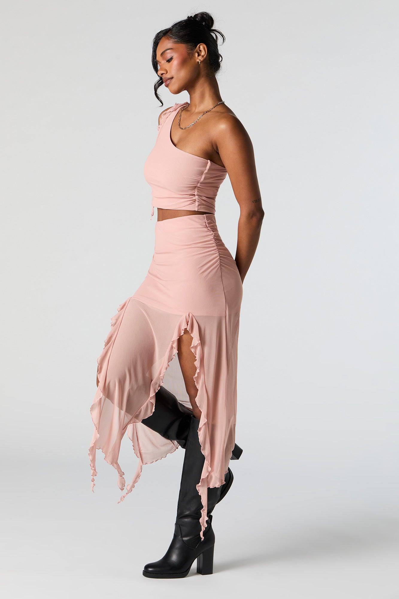Mesh Ruffle M Slit Midi Skirt Female Product Image