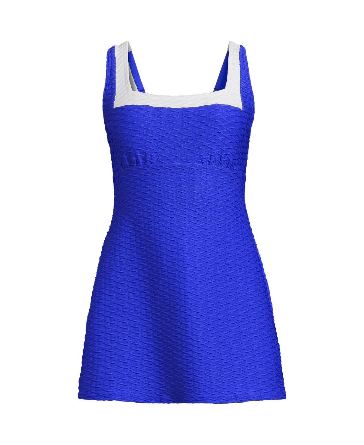 Women's Lands' End Square Neck Textured Swim Dress, Size: Medium, Electric Blue White Product Image