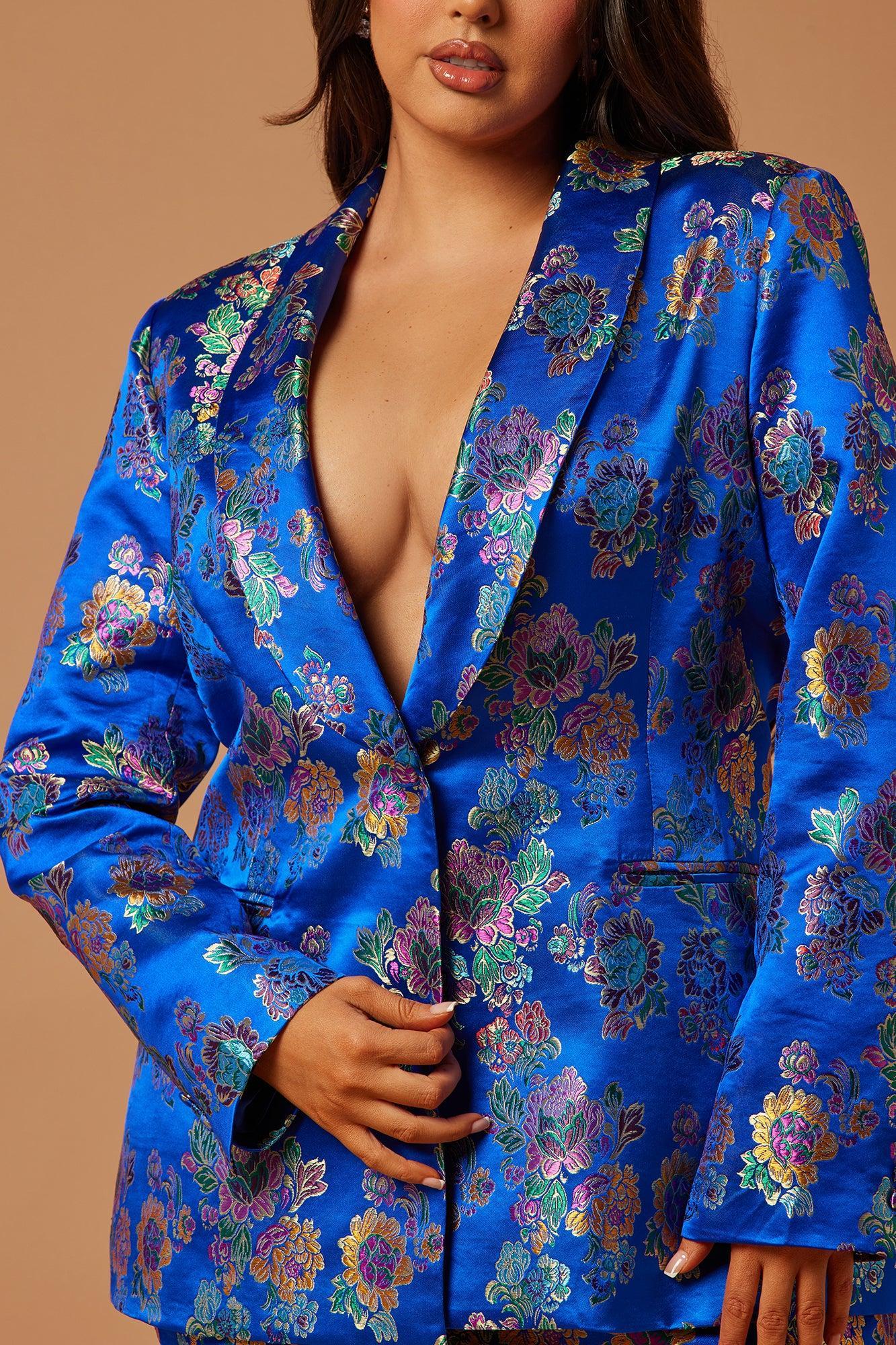 Brenda Satin Embroidered Skirt Suit Set - Royal Product Image