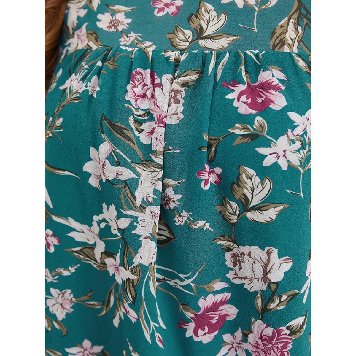 Plus Size Emerald Floral Gathered Mesh Ruffle Sleeve Blouse Women Elegant Short sleeve Round Neck Dailywear Blouses BloomChic 22-24/3X Product Image
