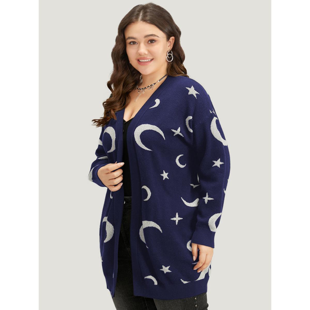 Plus Size Moon Print Open Front Cardigan Burgundy Women Casual Long Sleeve Everyday Cardigans BloomChic 10/M Product Image
