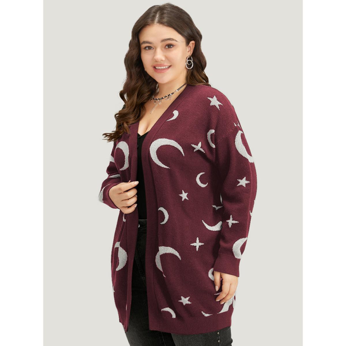 Plus Size Moon Print Open Front Cardigan Burgundy Women Casual Long Sleeve Everyday Cardigans BloomChic 10/M Product Image