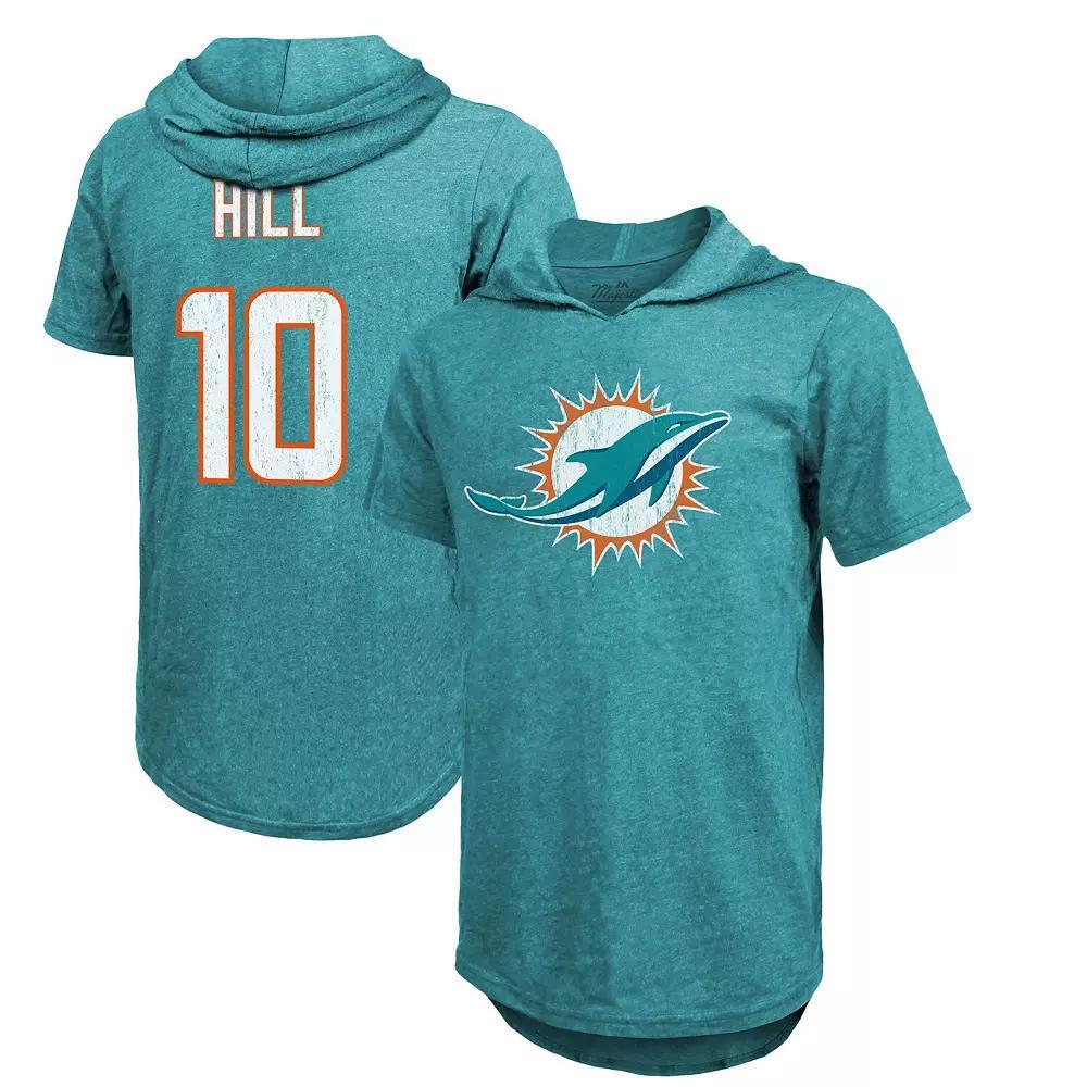 Men's Majestic Threads Tyreek Hill Aqua Miami Dolphins Player Name & Number Short Sleeve Hoodie T-Shirt, Size: 2XL, Turquoise A Product Image