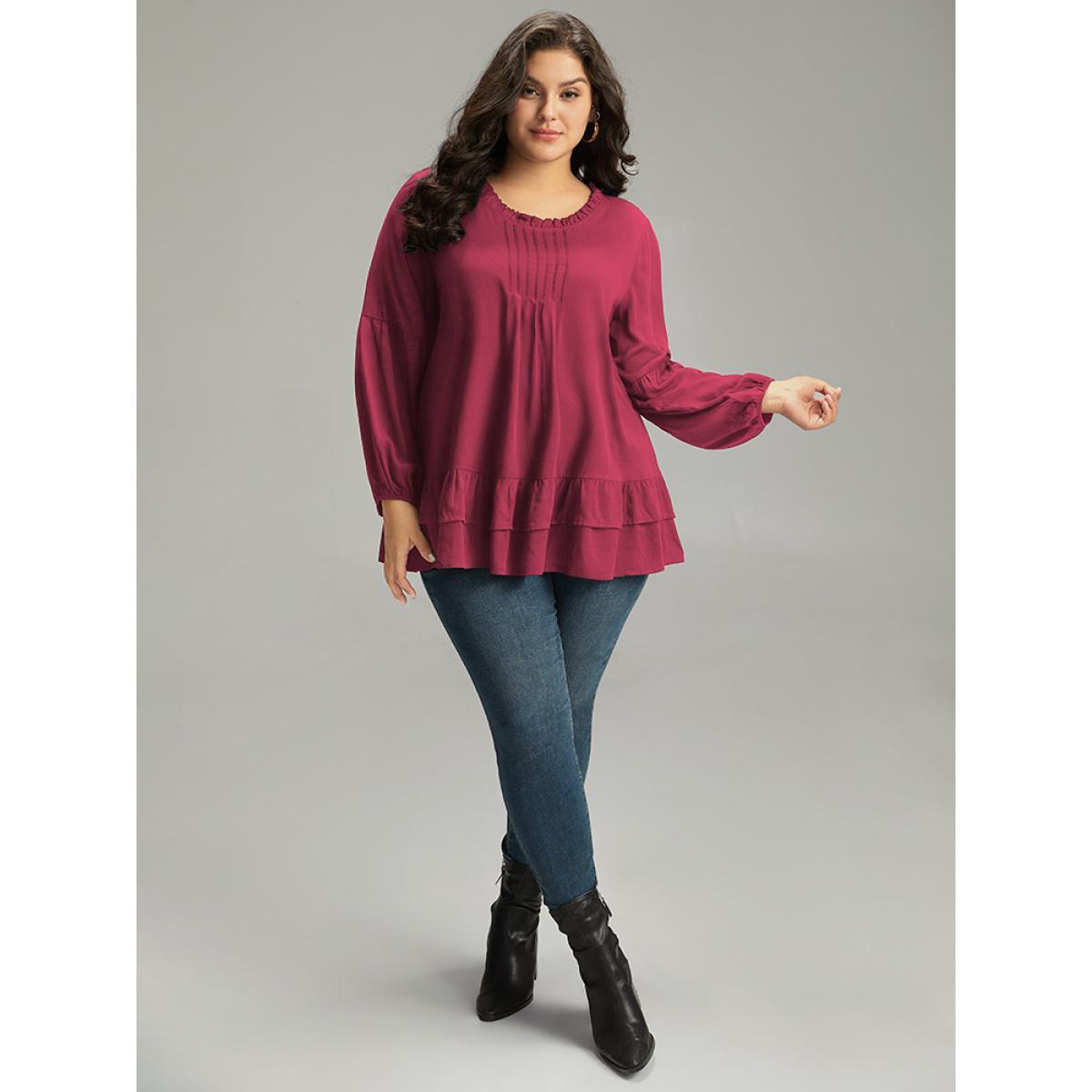 Plus Size Scarlet Seam Detail Frill Trim Layered Blouse Women Elegant Long Sleeve Round Neck Dailywear Blouses BloomChic 12/L Product Image