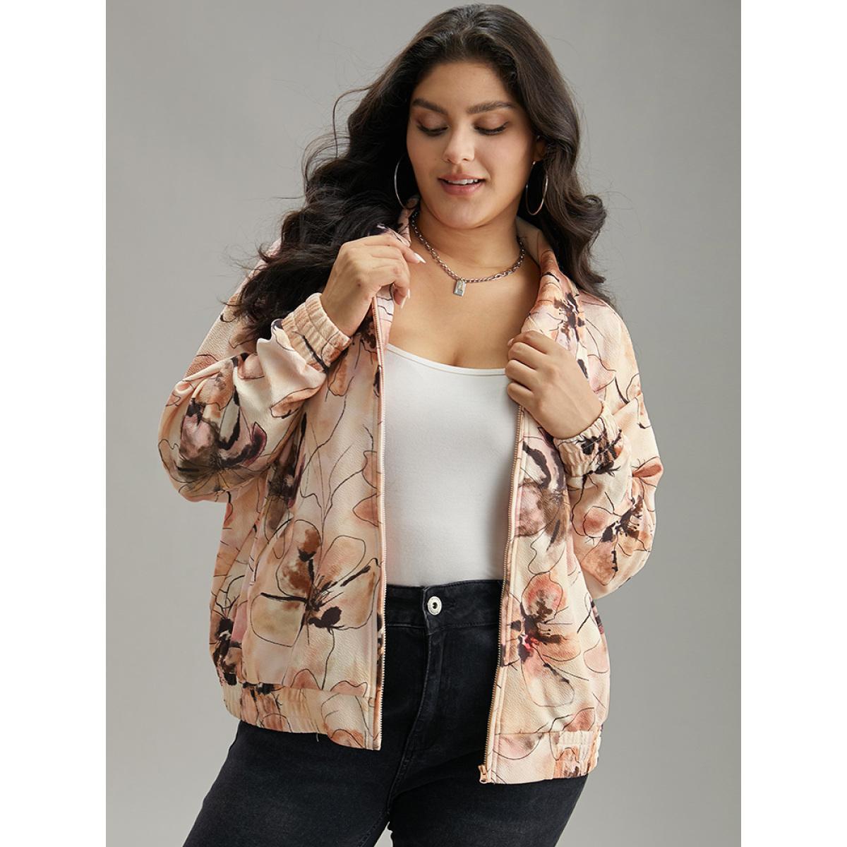 Plus Size Floral Zipper Gathered Elastic Cuffs Jacket Women Multicolor Elastic cuffs Pocket Dailywear Jackets BloomChic 18-20/2X Product Image