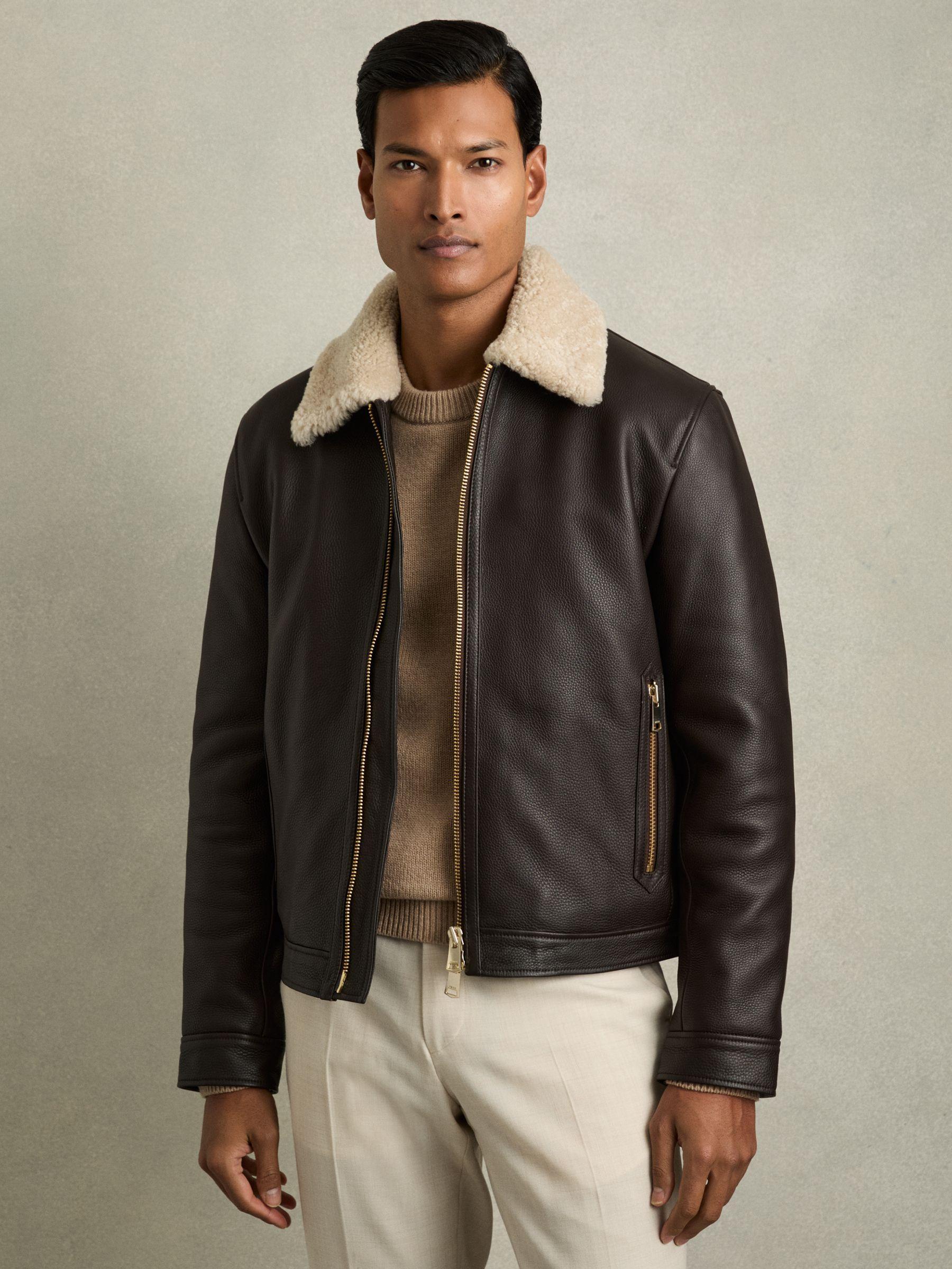 Shearling-Collar Leather Jacket in Dark Brown Product Image
