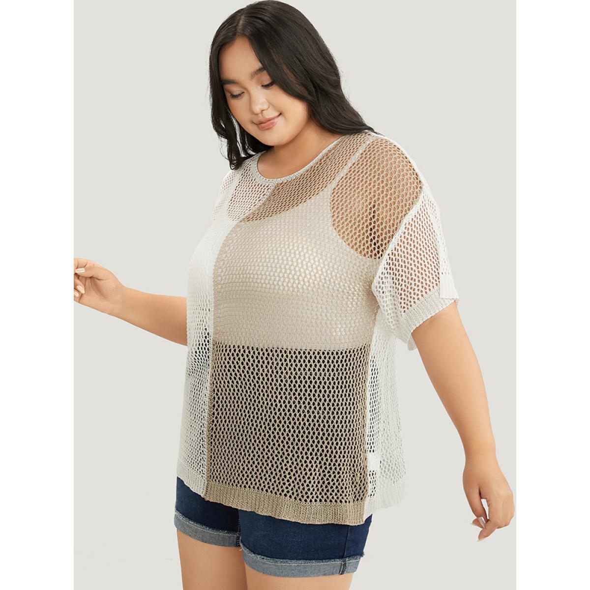 Plus Size Colorblock Contrast Hollow Out Batwing Sleeve Knit Top Multicolor Women Elegant Short sleeve Round Neck Dailywear Pullovers BloomChic 22-24/3X Product Image