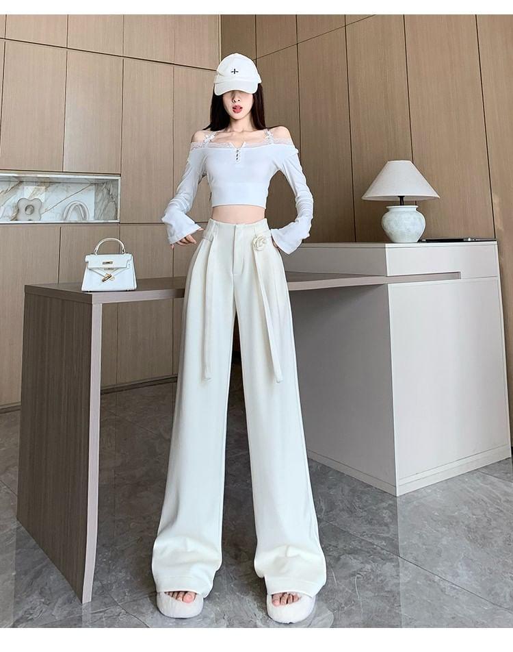 High Waist Plain Flower Accent Wide Leg Suit Pants Product Image
