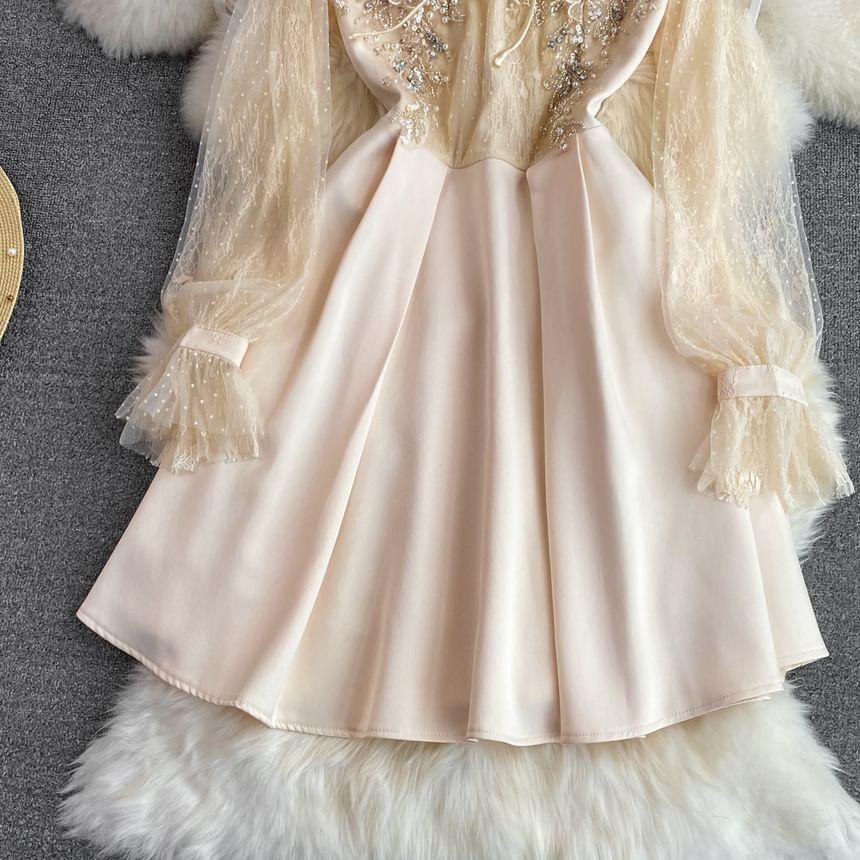 Puff-Sleeve Flower Embroidered Sequin A-Line Dress Product Image