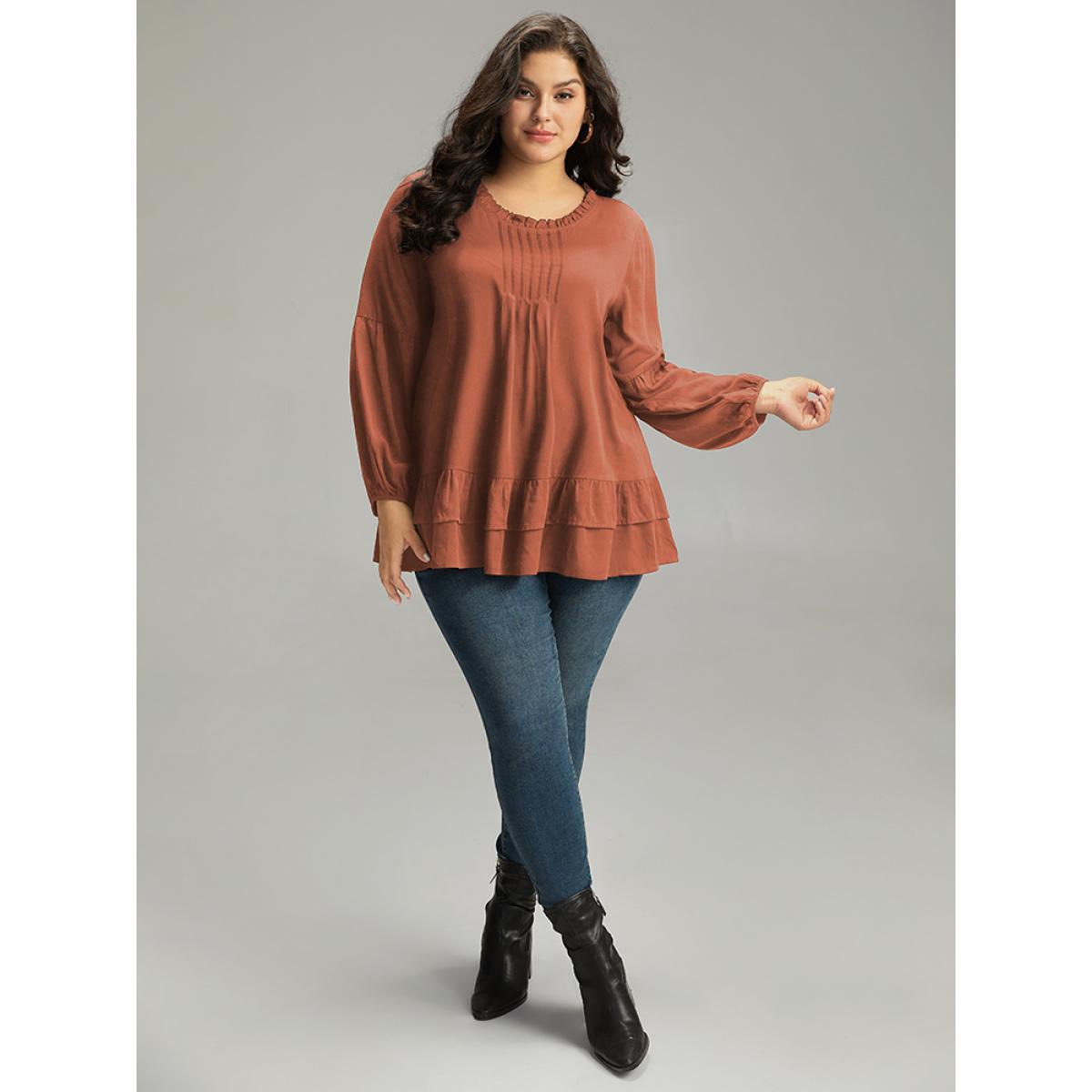 Plus Size OrangeRed Seam Detail Frill Trim Layered Blouse Women Elegant Long Sleeve Round Neck Dailywear Blouses BloomChic 18-20/2X Product Image