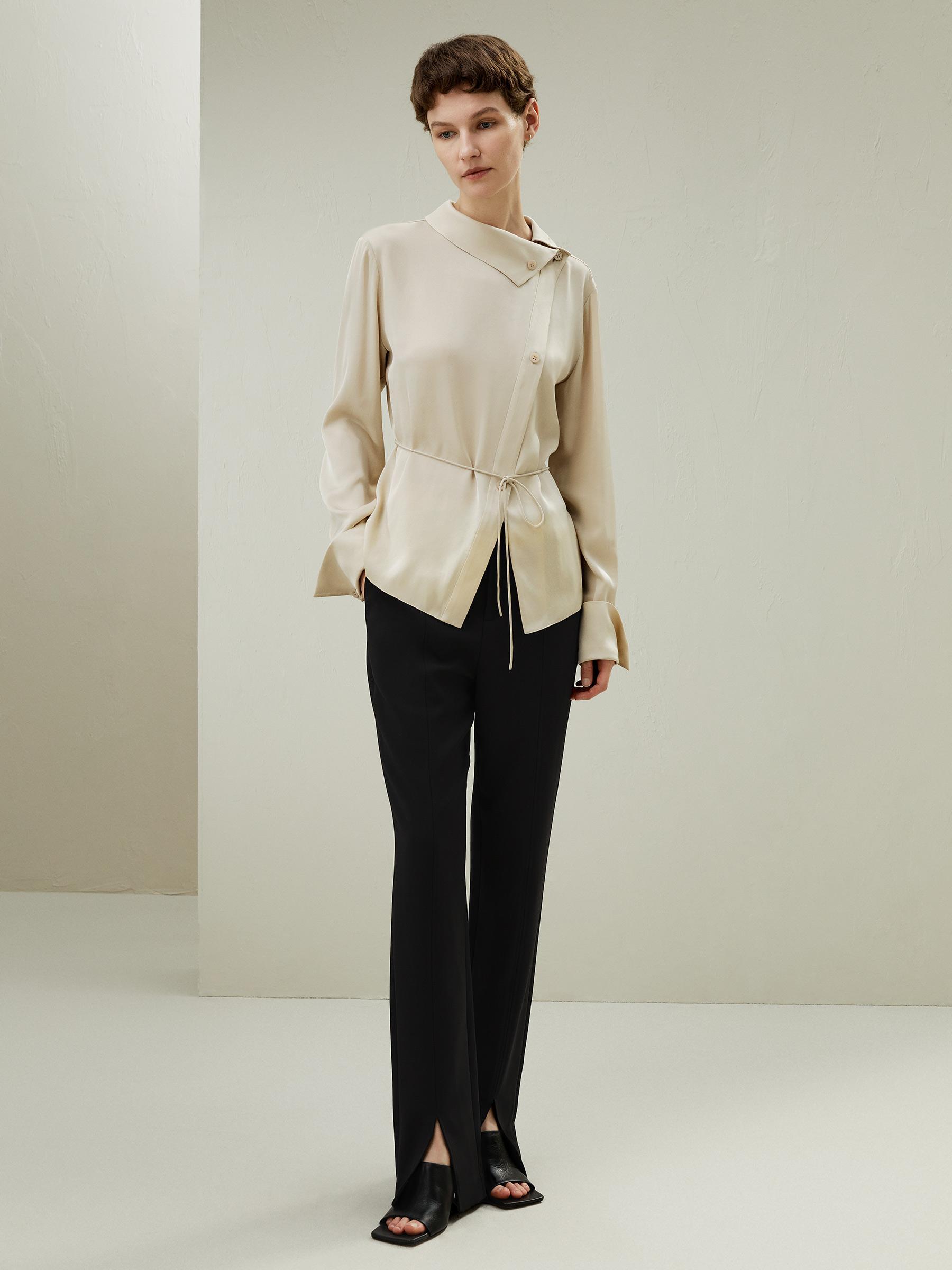 LILYSILK Asymmetrical Silk Shirt for Women Cream Pure Silk Simple Waist Tie Blouse S Product Image