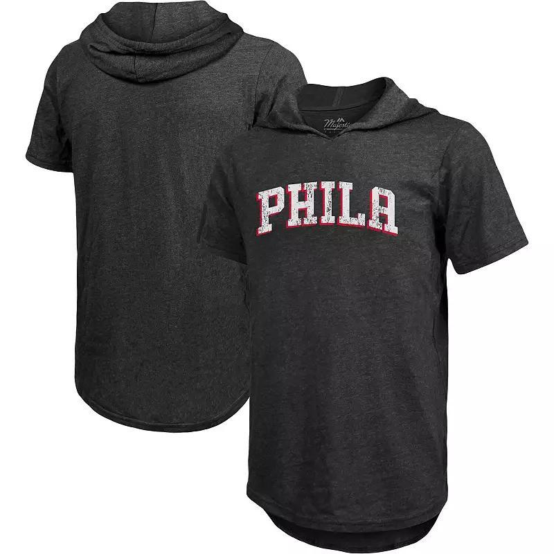 Men's Majestic Threads Heathered Black Philadelphia 76ers Wordmark Tri-Blend Hoodie T-Shirt, Size: Small, 76r Charco Product Image