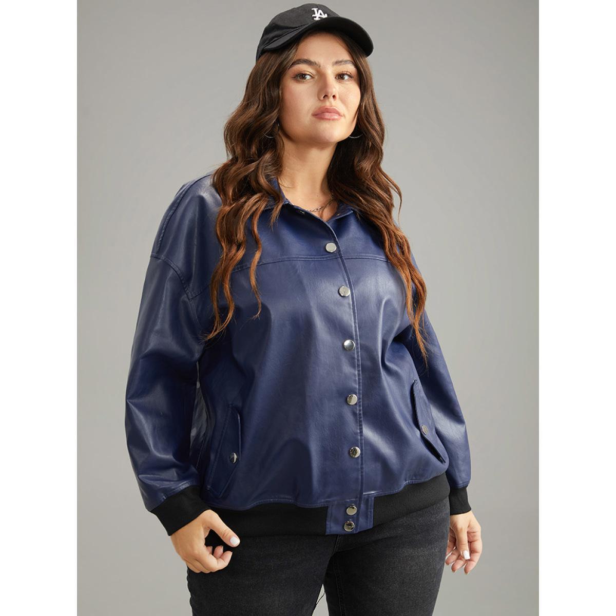 Plus Size PU Patchwork Pocket Button Through Jacket Women Indigo Elastic cuffs Dailywear Jackets BloomChic 12/L Product Image