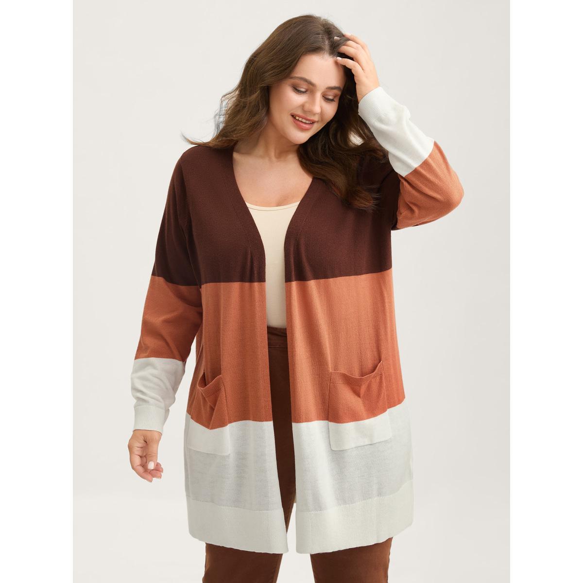 Plus Size Supersoft Color Block Front-Open Lightweight Cardigan Browncoffeecolor Women Loose Long Sleeve Everyday-Casual Cardigans BloomChic 18-20/2X Product Image