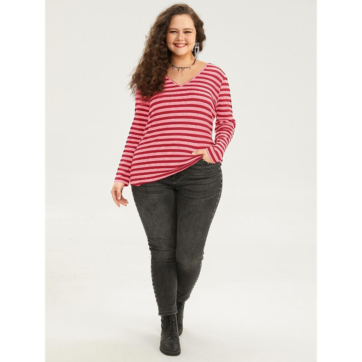 Plus Size Halloween V Neck Contrast Striped T-shirt Red Women Casual Contrast Striped V-neck Festival-Halloween T-shirts BloomChic 14-16/1X Product Image