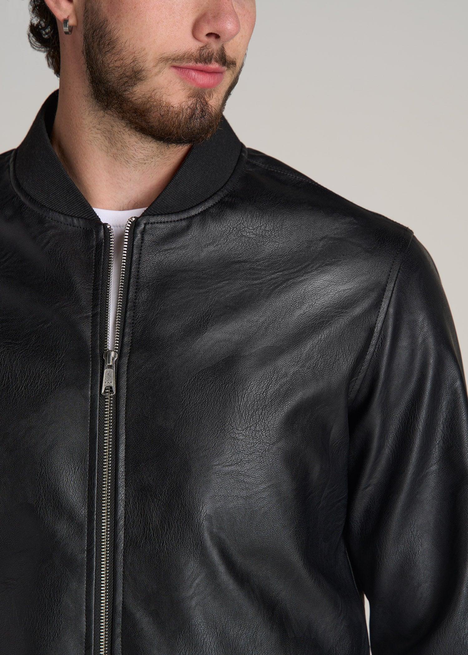 Faux Leather Bomber Jacket for Tall Men in Black Product Image
