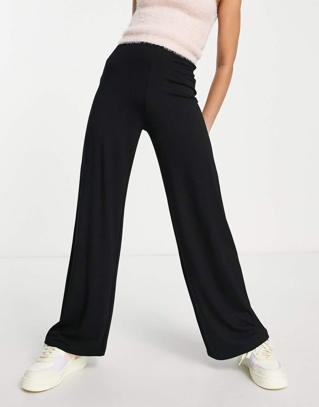 ASOS DESIGN Petite basic wide leg jersey pants in black Product Image