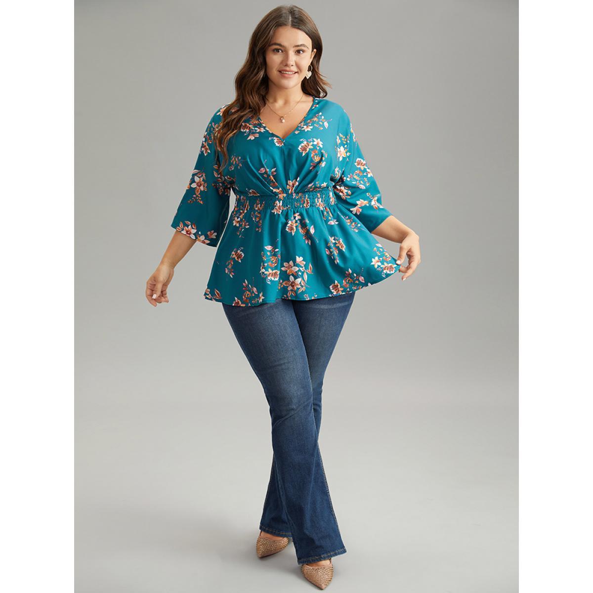 Plus Size Aegean Floral Print Shirred Plicated Detail Blouse Women Elegant Elbow-length sleeve V-neck Dailywear Blouses BloomChic 22-24/3X Product Image