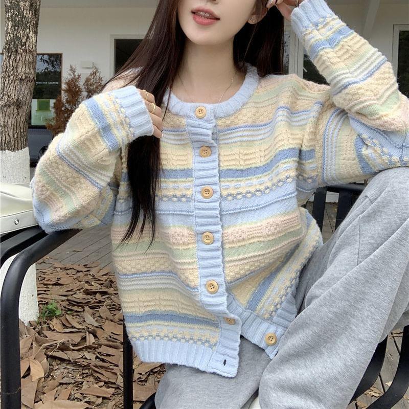 Round Neck Striped Button Up Cardigan Product Image