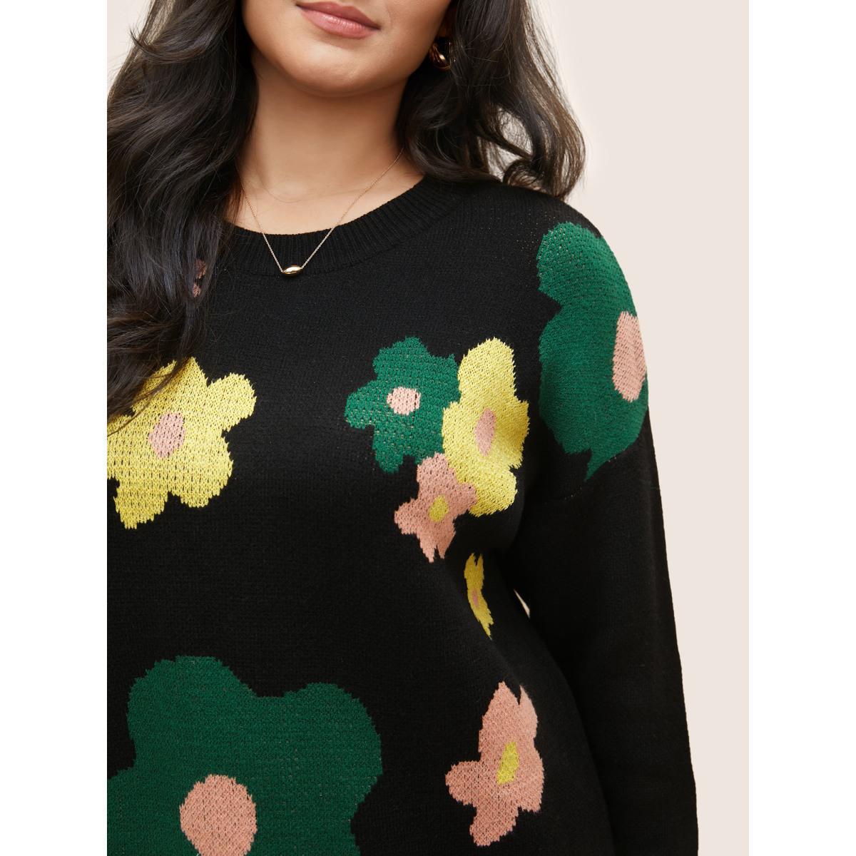 Plus Size Supersoft Essentials Colour Floral Drop Shoulder Pullover Black Women Casual Loose Long Sleeve Round Neck Everyday Pullovers BloomChic 14-16/1X Product Image