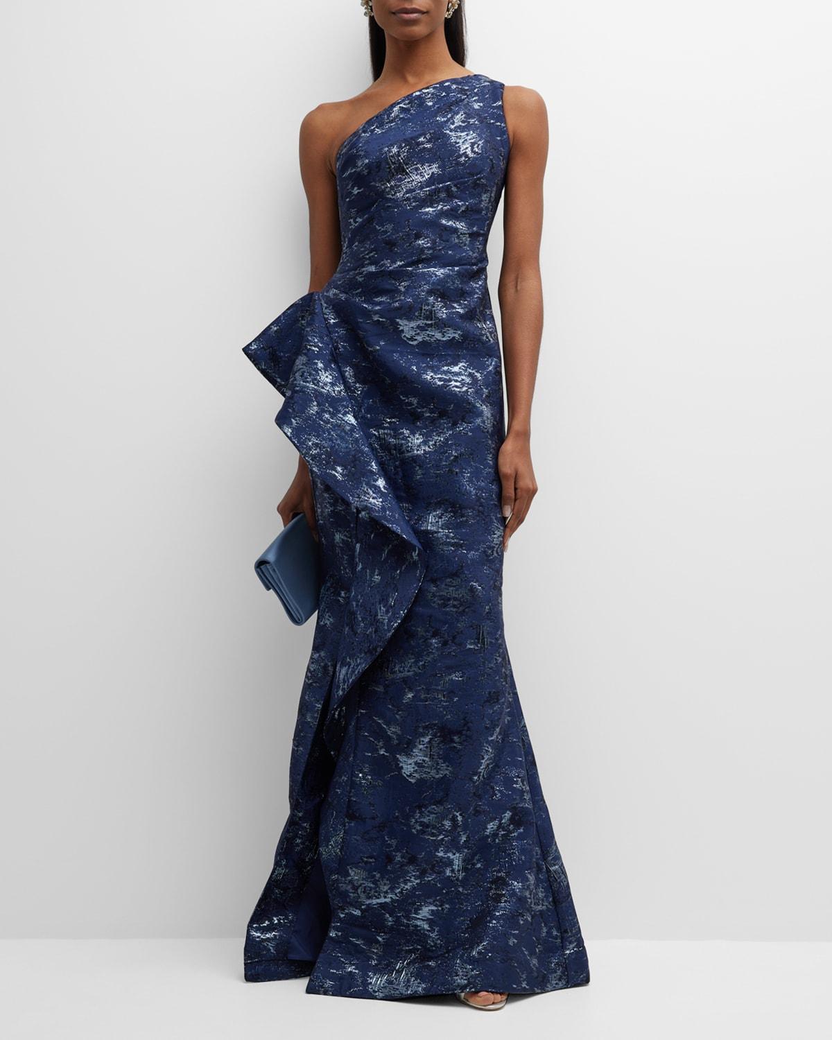 Metallic Jacquard One-Shoulder Side-Ruffle Gown Product Image