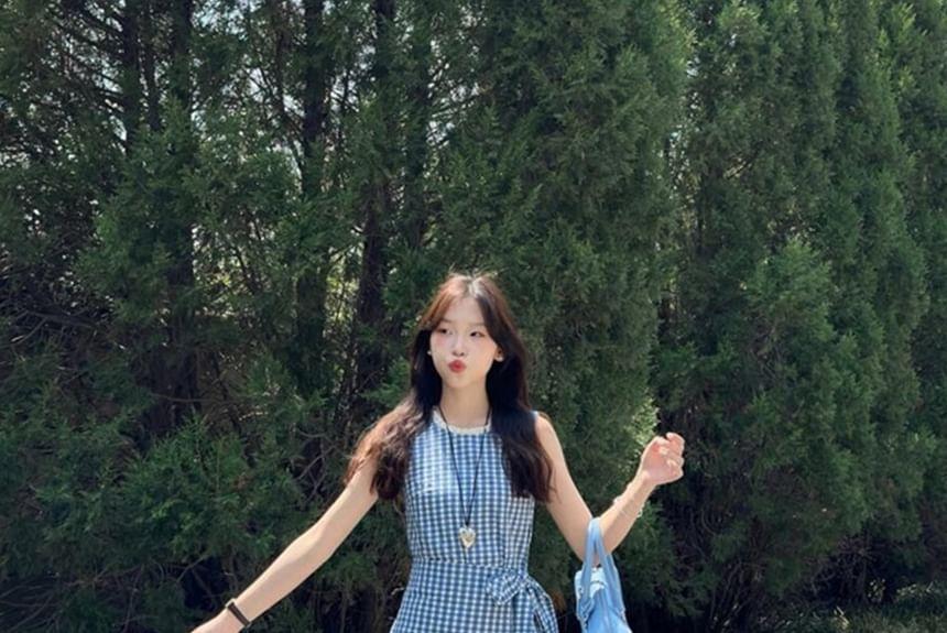Sleeveless Gingham Bow Mini A-Line Dress Product Image