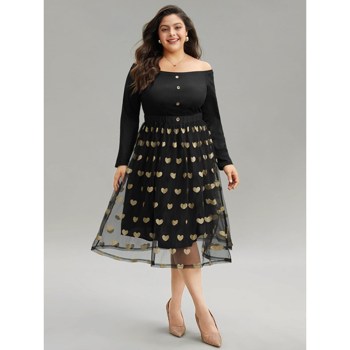 Plus Size Heart Print Rib Knit Button Detail Off Shoulder Dress Black Women Elegant Printed One-shoulder neck Long Sleeve Curvy Midi Dress BloomChic 18-20/2X Product Image