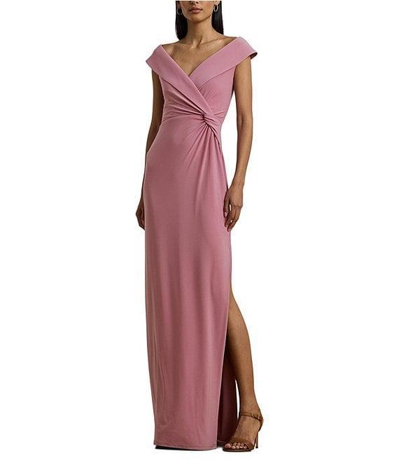 Lauren Ralph Lauren Knit Jersey Off-The-Shoulder Neck Sleeveless Front Twist Sheath Gown Product Image
