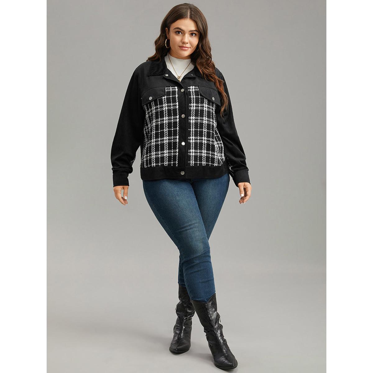 Plus Size Plaid Metal Detail Patchwork Shacket Women Black Elegant Texture Ladies Everyday Winter Coats BloomChic 14-16/1X Product Image