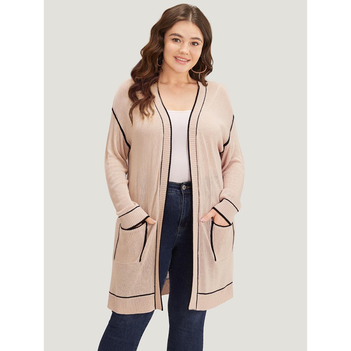 Plus Size Contrast Trim Patched Pocket Drop Shoulder Cardigan Champagne Women Casual Loose Long Sleeve Everyday Cardigans BloomChic 26/4X Product Image