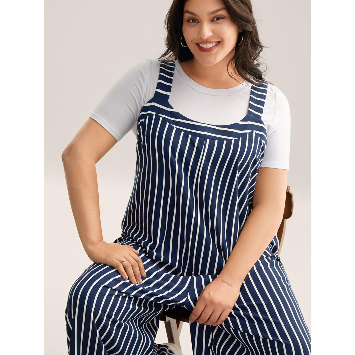 Plus Size Navy Stretchy Striped Print Wide-Leg Jumpsuit Women Sleeveless V-neck Everyday-Casual Loose Jumpsuits BloomChic 26/4X Product Image