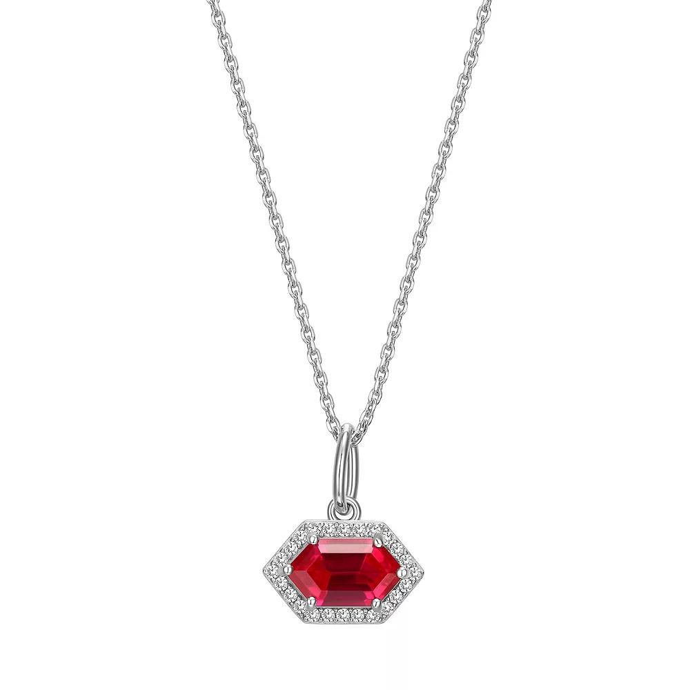 Rhodium-Plated Sterling Silver Lab-Created Ruby With Lab-Created White Sapphire Halo Pendant Necklace, Women's, Size: 16-18" ADJ Product Image