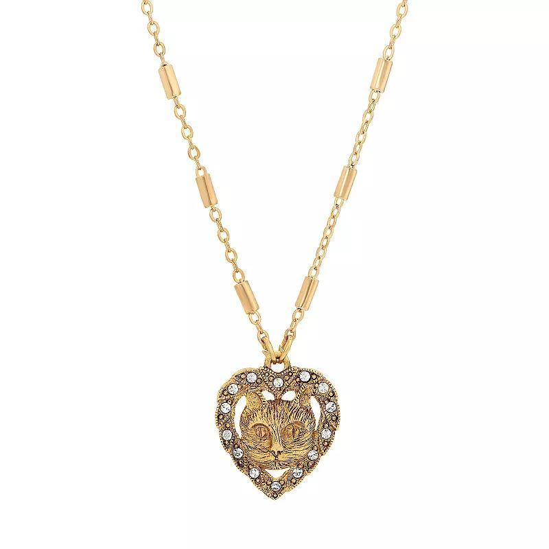 1928 Gold Tone Heart Shaped Cat Crystal Necklace, Womens Yellow Product Image